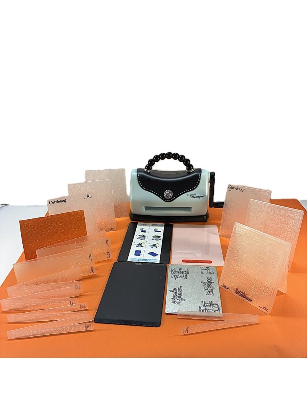 Sizzix Texture Boutique Embossing Machine Blue/Black Purse Design Plus 14 Plates